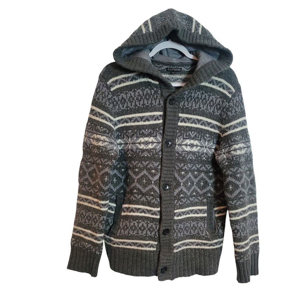 Express‎ Gray Fair Isle Hooded Cardigan Sweater Merino Wool Blend Womens XL Full